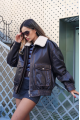 Dark chocolate leather jacket in VINTAGE style with fur collar