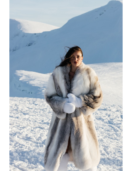 Long white fox fur coat with gray highlights